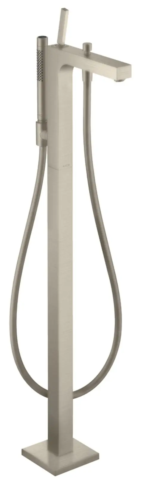 Ein AXOR Einhebel-Wannenmischer in gebürstetem Nickel, mit einem hohen Standfuß und einem flexiblen Handbrauseanschluss.